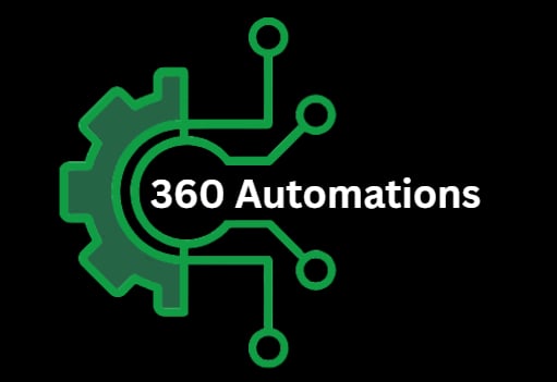 360 Automations logo featuring a green gear with circuit connections on black background
